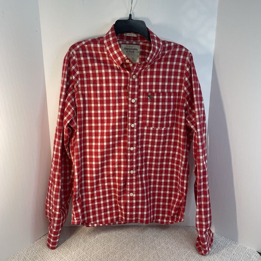Abercrombie & Fitch Mens L Muscle Fit Plaid Shirt Moose Long Sleeve Red White